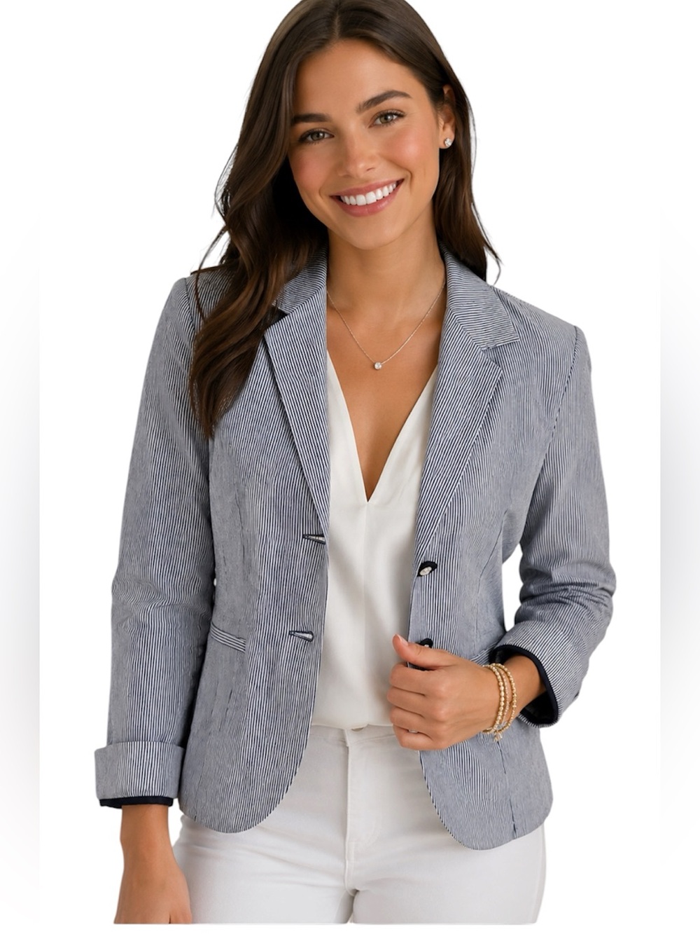 Talbots Women's Lightweight Blue & White Seersucker Cotton Blazer Size: 4
